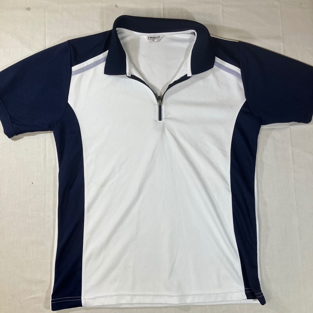 Tworoy Mens Quarter Zip Polo Shirt White Navy Blue Colorblock Mesh Size M Korea
